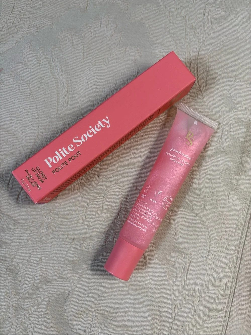 Polite Society Polite Pout Tinted Lip Balm Lipgloss in Peach Bellini BNIB